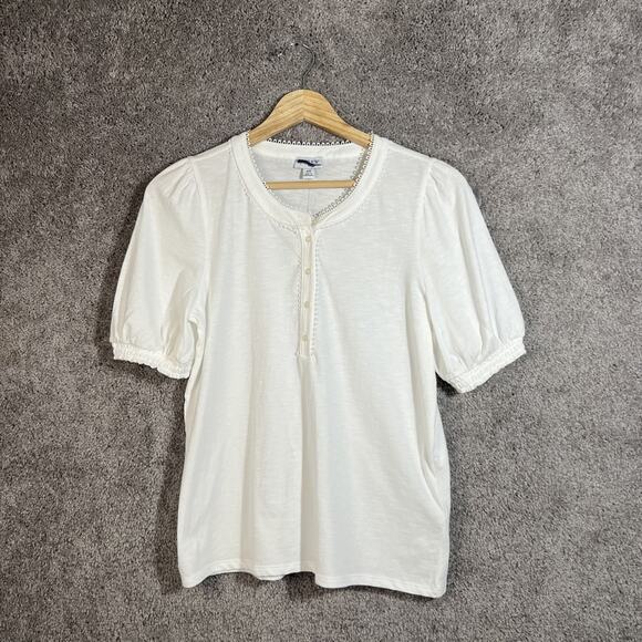 J. Crew Lace Trim Short Sleeve Top Women’s White Half Button Blouse Size XS - Picture 1 of 12